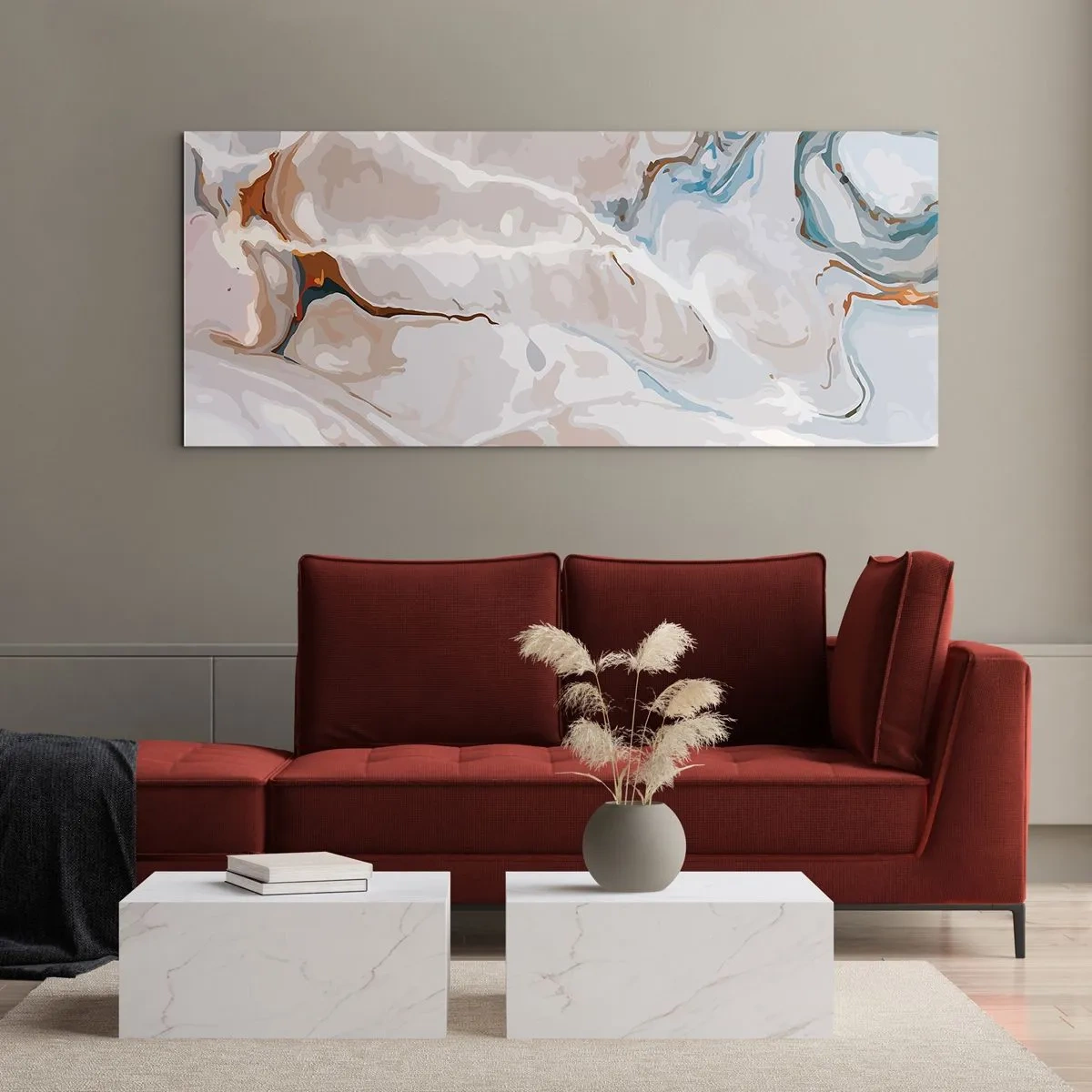 Glasbild - Bild auf glas - Abstraktes Muster in Weiß- und Blautönen - 160x50cm - Blau schlängelt sich unter dem Weiß - Moderne Wanddekoration für Wohnzimmer und Schlafzimmer ARTTOR