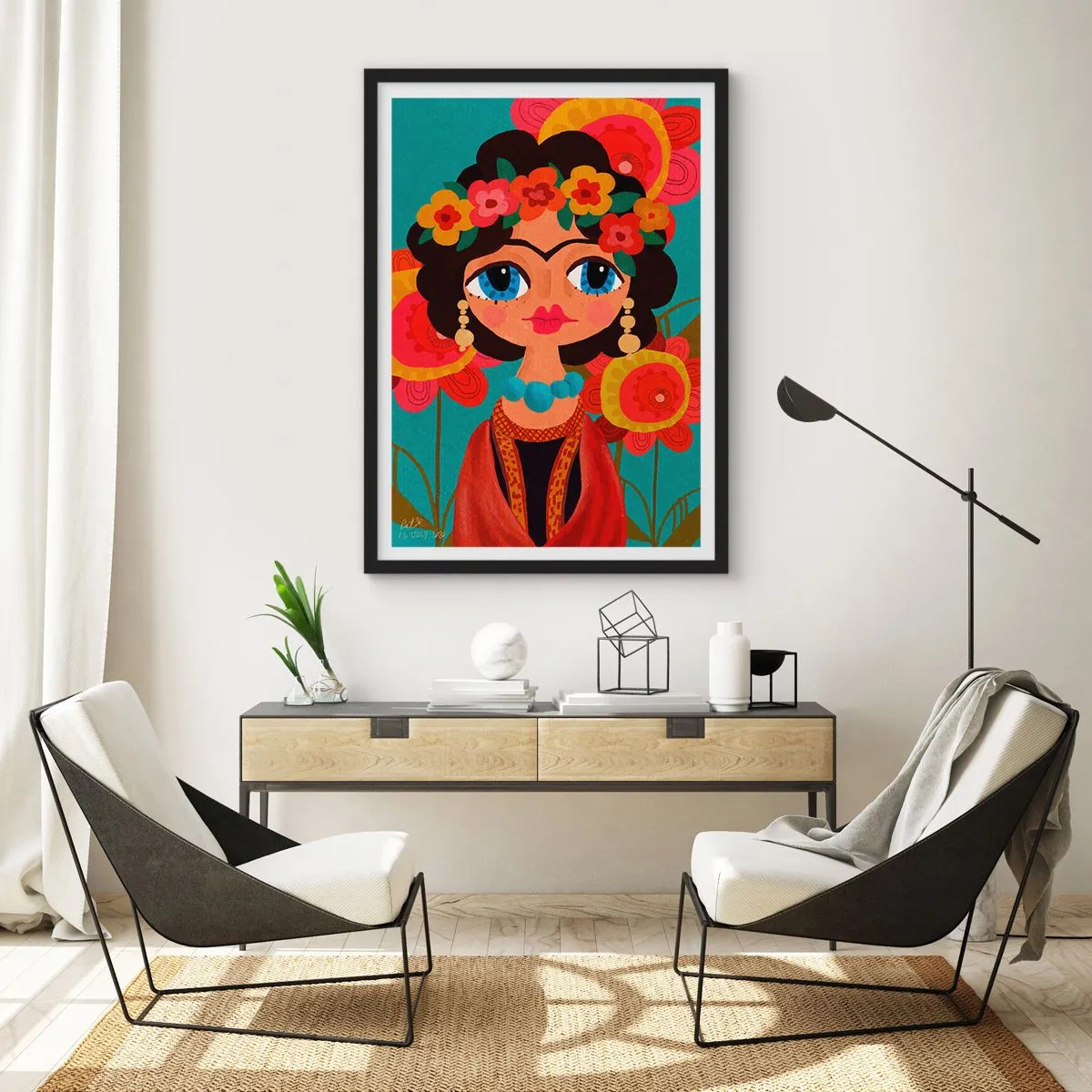 Poster in einem schwarzem Rahmen - Farbenfrohes Frauenporträt im Folk-Stil mit Blumenkrone - 50x70cm - Fräulein Poppy - Moderne Wanddekoration für Wohnzimmer und Schlafzimmer ARTTOR