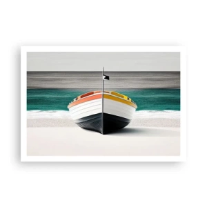 Poster - Ein Boot am Strand mit türkisfarbenem Meer im Hintergrund - 100x70cm - An seinem Platz - Moderne Wanddekoration für Wohnzimmer und Schlafzimmer ARTTOR