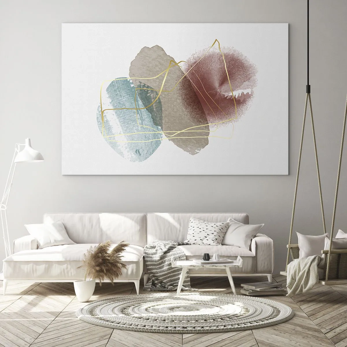 Glasbild - Bild auf glas - Abstrakte Aquarellspritzer und goldene Linien - 70x50cm - Korallen des Weltraums - Moderne Wanddekoration für Wohnzimmer und Schlafzimmer ARTTOR