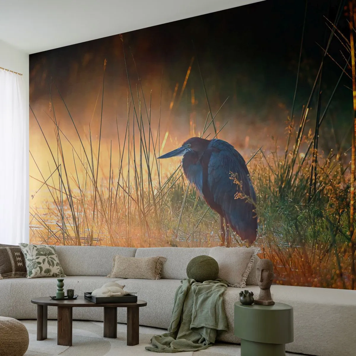 Fototapete Premium Sand - Ein Reiher im Feuchtgebiet in den Strahlen der untergehenden Sonne - 100x70cm - Komm, gib mir eine Pause mit diesen Fotos - Moderne Wanddekoration für Wohnzimmer und Schlafzimmer ARTTOR