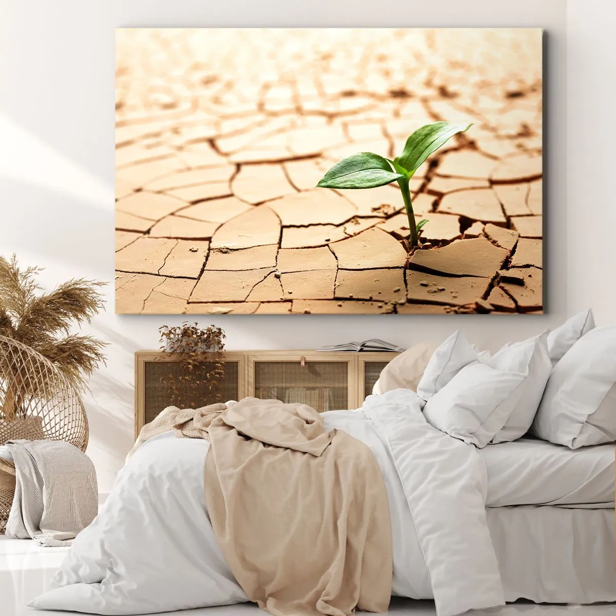 Bild auf Leinwand - Leinwandbild - Eine grüne Pflanze wächst aus trockener, rissiger Erde - 70x50cm - Die unbezähmbare Kraft des Lebens - Moderne Wanddekoration für Wohnzimmer und Schlafzimmer ARTTOR