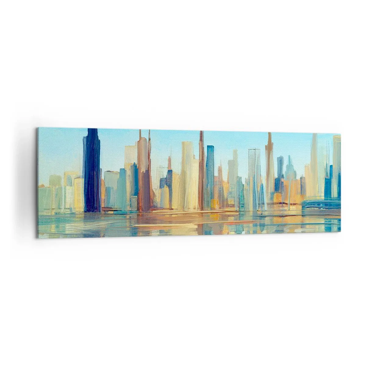 Bild auf Leinwand - Leinwandbild - Ein Panorama der Stadt in warmen Farben mit Spiegelung im Wasser - 160x50cm - Sonnige Metropole - Moderne Wanddekoration für Wohnzimmer und Schlafzimmer ARTTOR