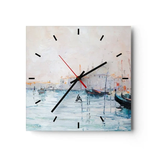 Wanduhr - Glasuhr - Malerischer Blick auf die Kanäle mit pastellfarbenen Booten - 30x30cm - Hinter dem Wasser, hinter dem Nebel - Moderne Wanddekoration für Wohnzimmer und Schlafzimmer ARTTOR