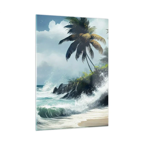 Glasbild - Bild auf glas - Wellen schlagen gegen die Felsen neben den Palmen an einem tropischen Strand - 50x70cm - Am tropischen Ufer - Moderne Wanddekoration für Wohnzimmer und Schlafzimmer ARTTOR