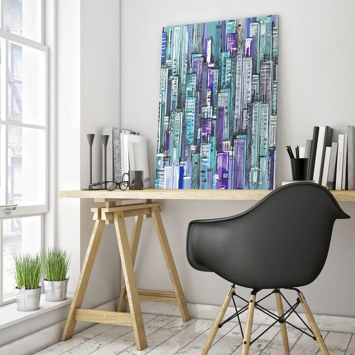 Glasbild - Bild auf glas - Illustration einer Stadt voller Wolkenkratzer in kühlen Farbtönen - 50x70cm - Bläulich von dem Himmel - Moderne Wanddekoration für Wohnzimmer und Schlafzimmer ARTTOR