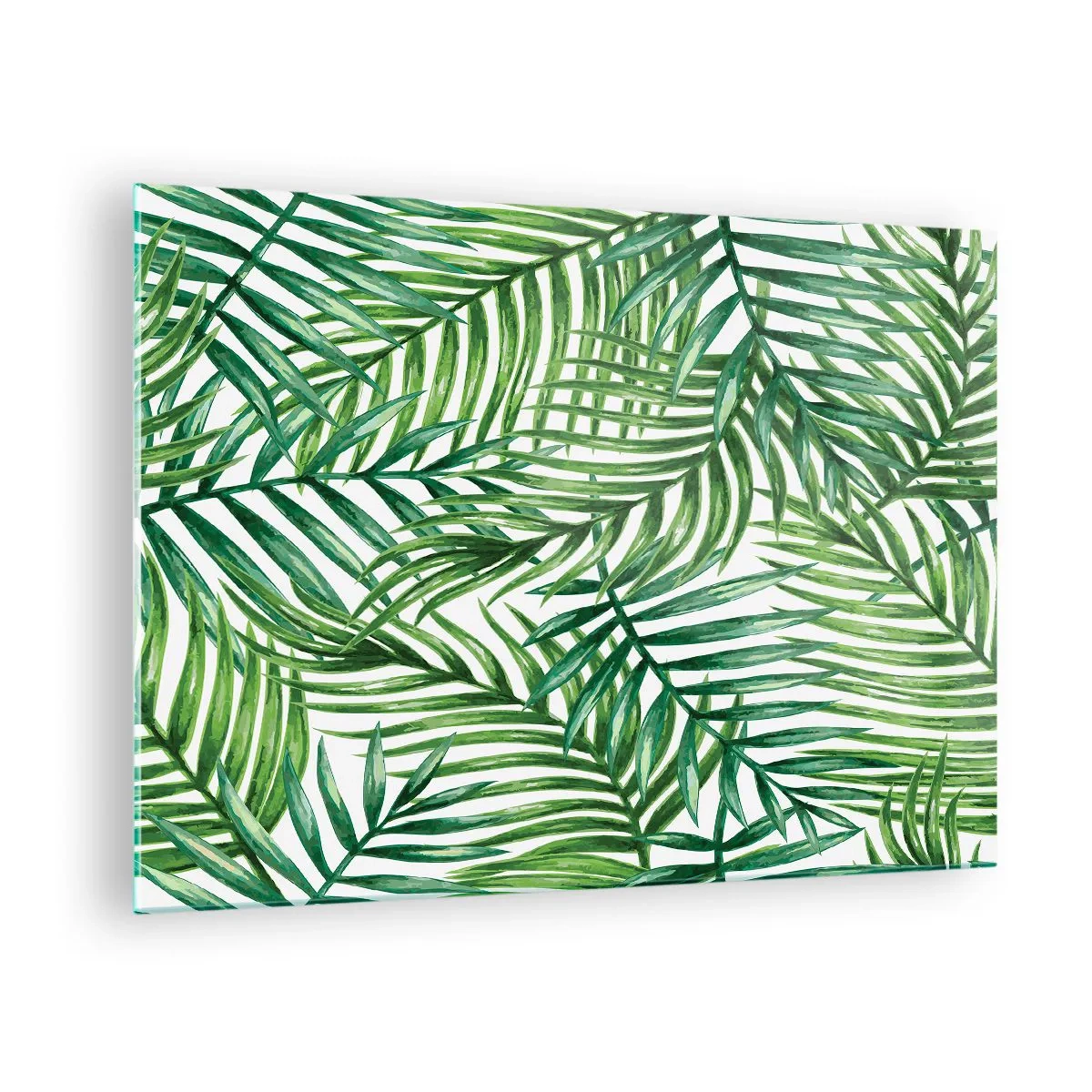 Glasbild - Bild auf glas - Grüne Palmblätter auf weißem Hintergrund erzeugen ein geometrisches Muster - 70x50cm - Unter dem grünen Baldachin - Moderne Wanddekoration für Wohnzimmer und Schlafzimmer ARTTOR