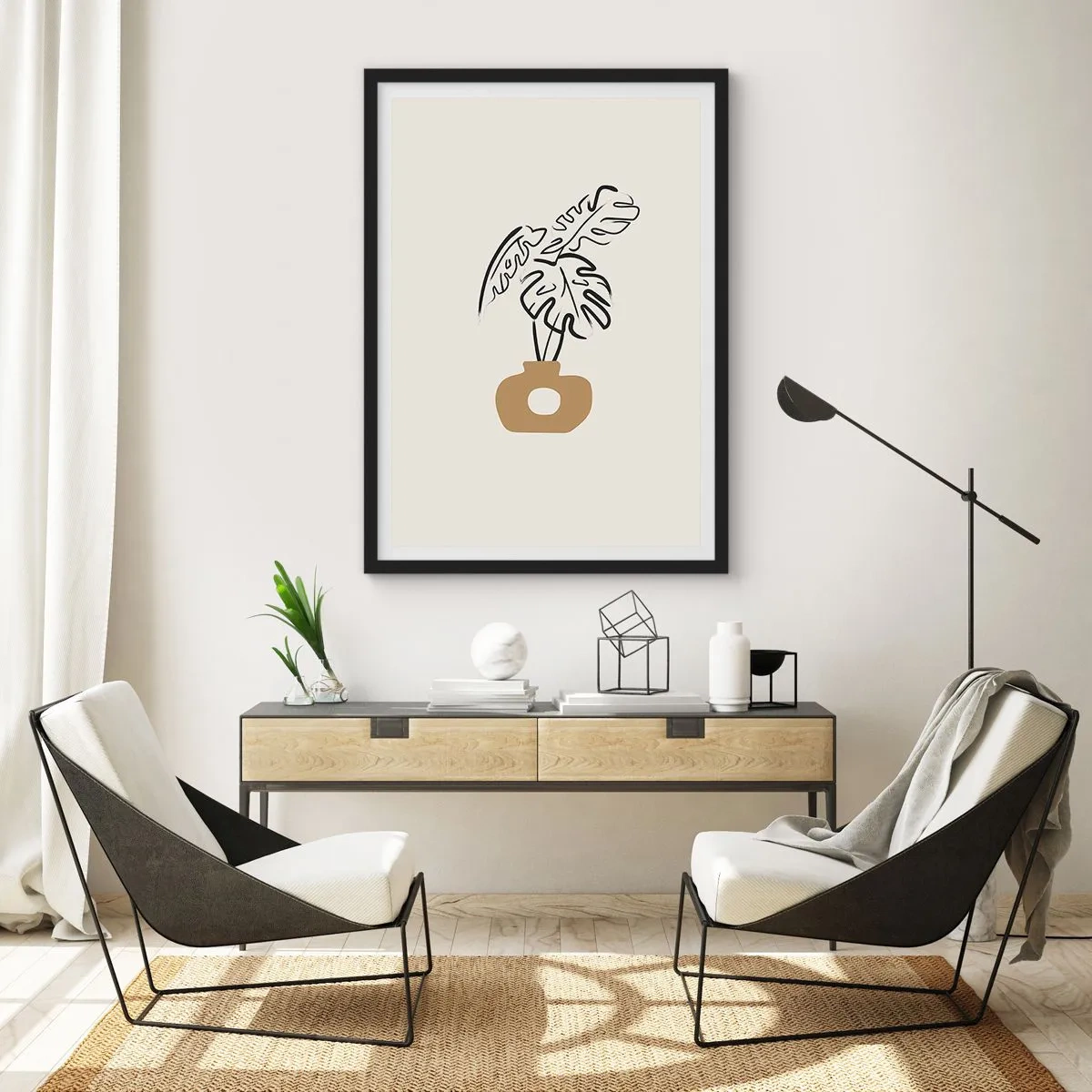 Poster in einem schwarzem Rahmen - Eine minimalistische Zeichnung einer Monstera in einer Vase - 50x70cm - Monstera – Heimdekoration - Moderne Wanddekoration für Wohnzimmer und Schlafzimmer ARTTOR