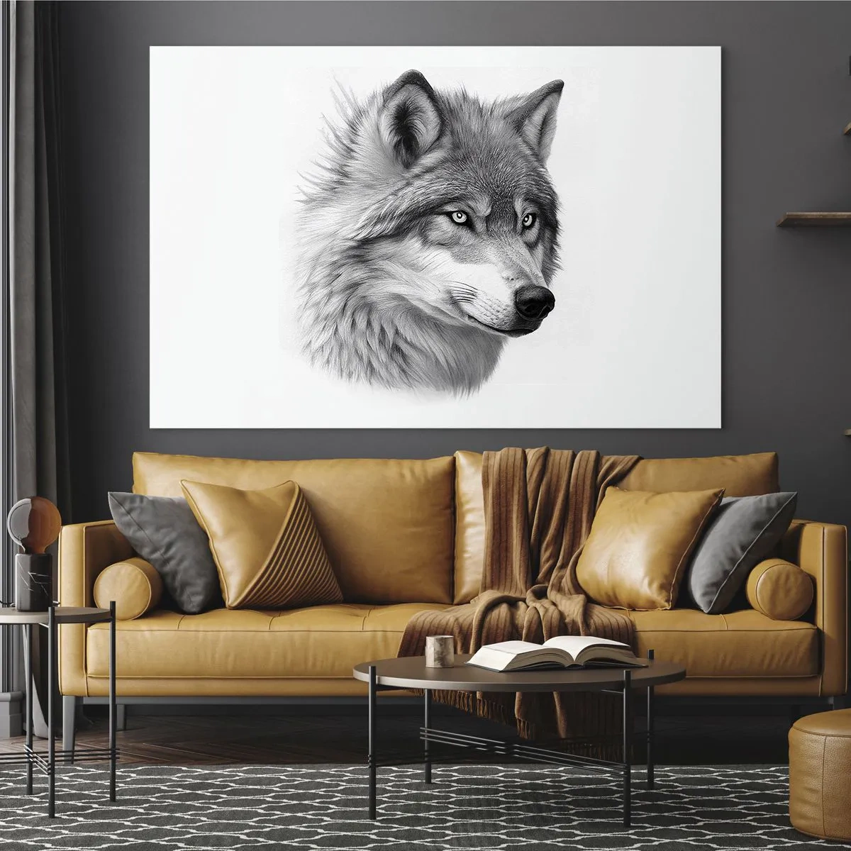 Glasbild - Bild auf glas - Schwarz-Weiß-Porträt eines Wolfes mit durchdringendem Blick - 100x70cm - Alpha – ohne Zweifel - Moderne Wanddekoration für Wohnzimmer und Schlafzimmer ARTTOR
