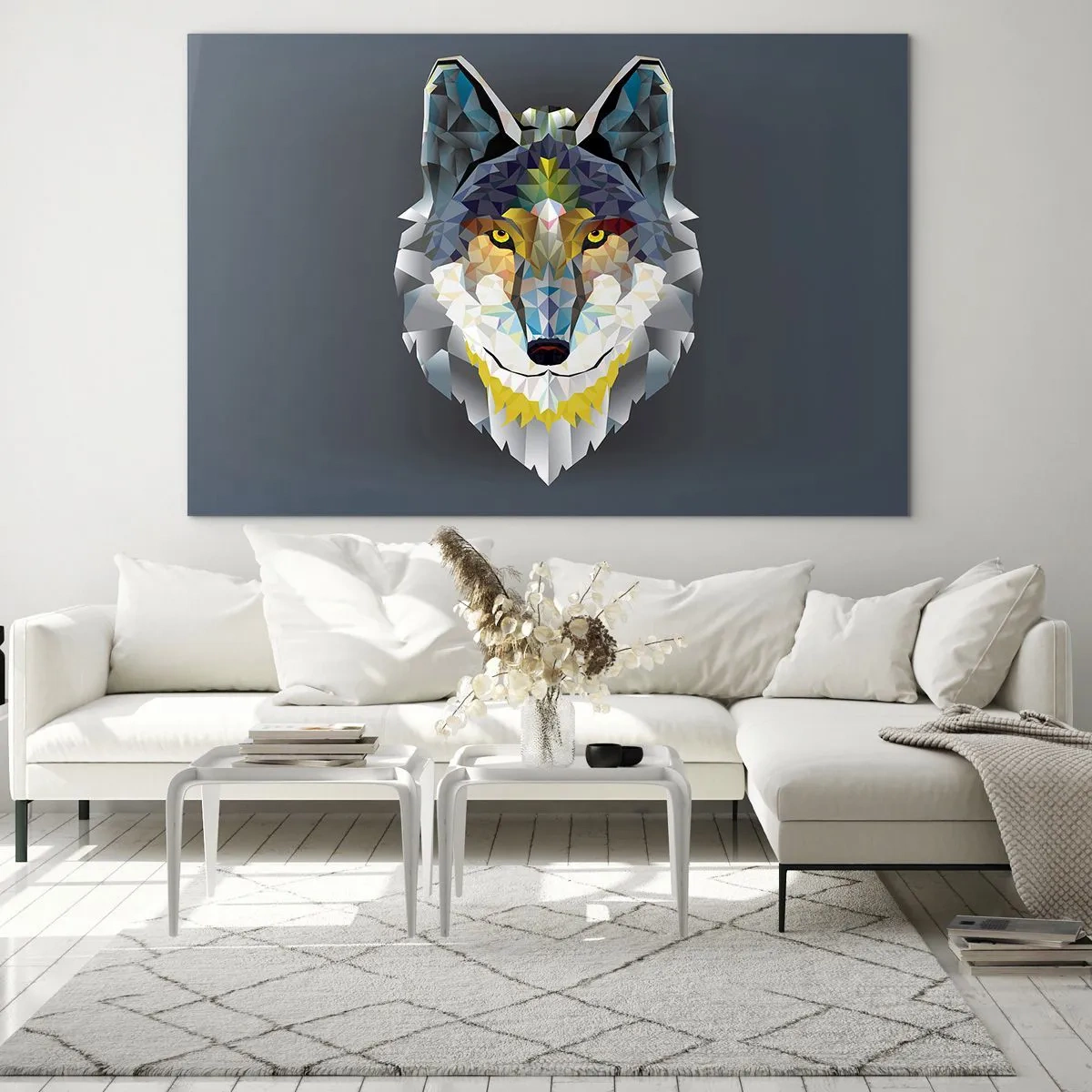Glasbild - Bild auf glas - Geometrischer Wolf auf dunklem Hintergrund - 70x50cm - Vom Teufel sprechen - Moderne Wanddekoration für Wohnzimmer und Schlafzimmer ARTTOR