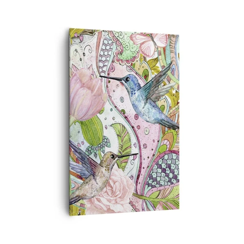 Bild auf Leinwand - Leinwandbild - Bunte Kolibris und Schmetterlinge zwischen den Pflanzen - 80x120cm - Verstrickt in Weinreben - Moderne Wanddekoration für Wohnzimmer und Schlafzimmer ARTTOR