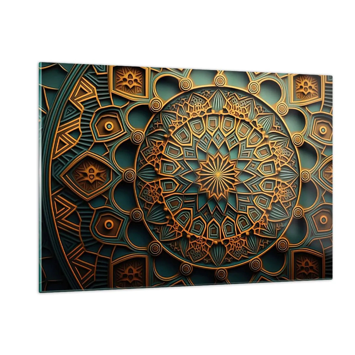 Glasbild - Bild auf glas - Gold- und Türkisornament im Stil eines arabischen Mosaiks - 120x80cm - In arabischer Atmosphäre - Moderne Wanddekoration für Wohnzimmer und Schlafzimmer ARTTOR
