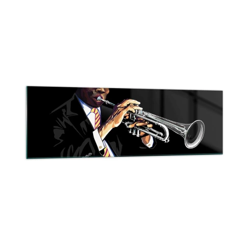 Glasbild - Bild auf glas - Ein Musiker spielt Trompete vor schwarzem Hintergrund - 160x50cm - Charme der alten Schule - Moderne Wanddekoration für Wohnzimmer und Schlafzimmer ARTTOR