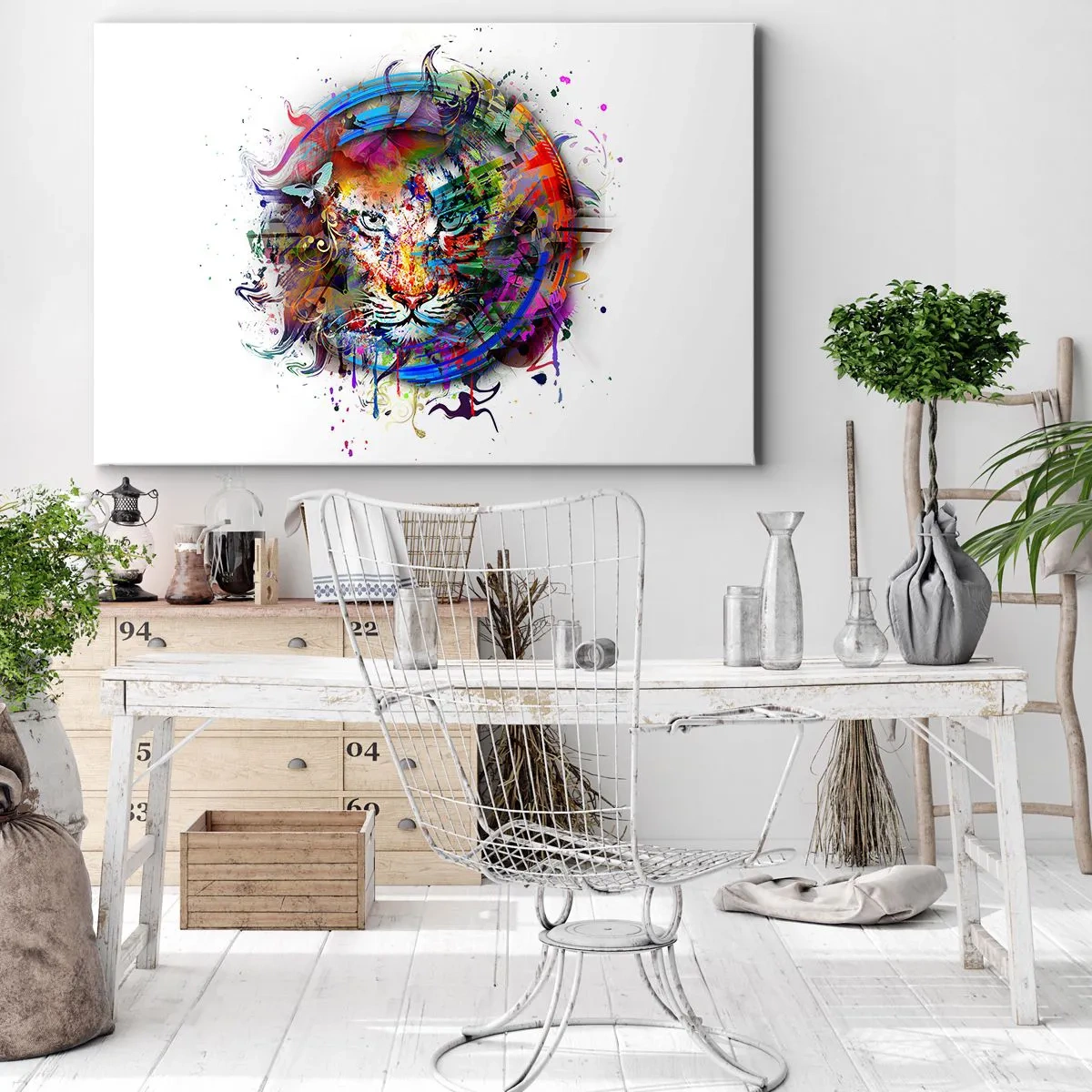 Bild auf Leinwand - Leinwandbild - Farbenfrohes Porträt eines Löwen im abstrakten Stil - 100x70cm - Es lauert hinter einem Regenbogenschleier - Moderne Wanddekoration für Wohnzimmer und Schlafzimmer ARTTOR