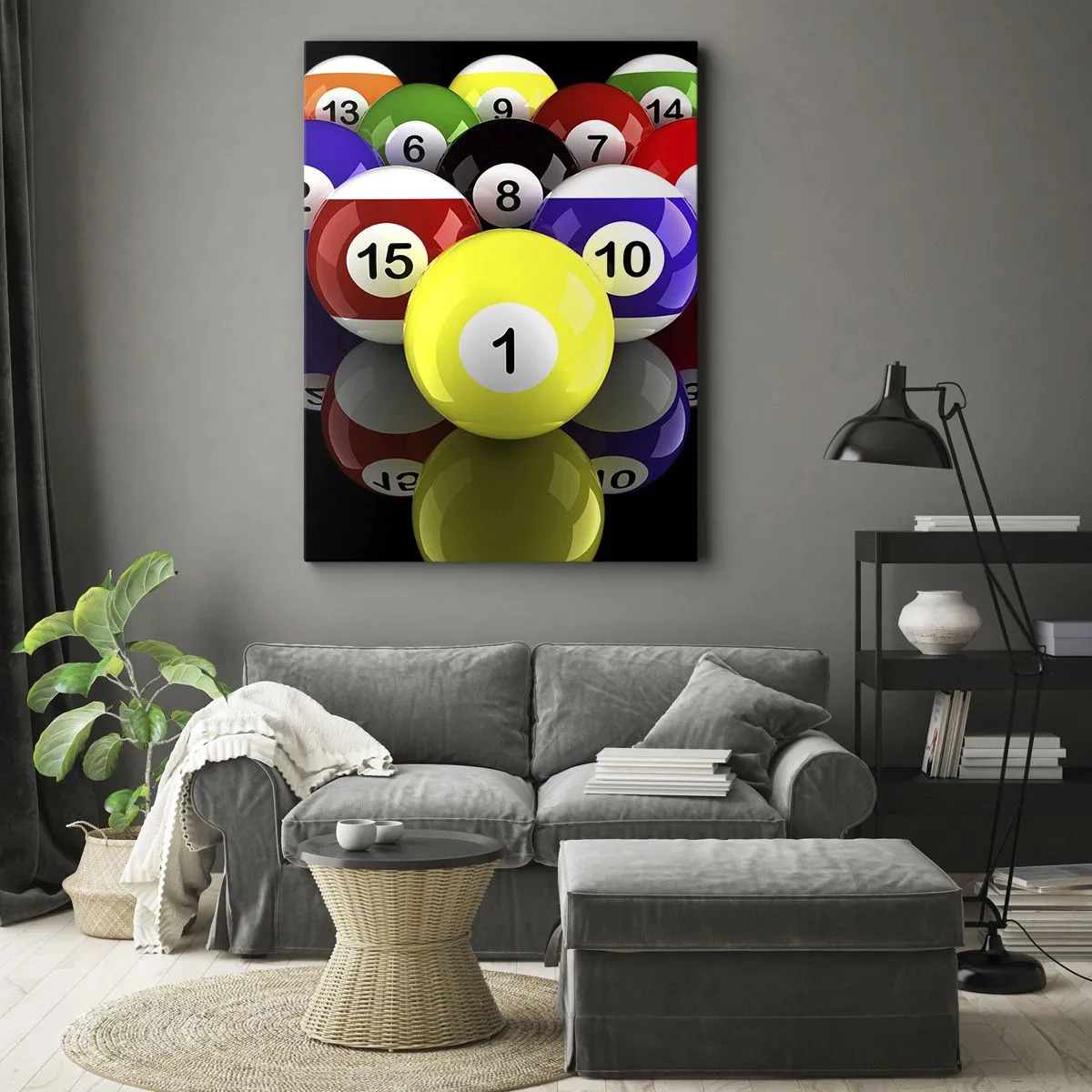 Bild auf Leinwand - Leinwandbild - Bunte Billardkugeln in einem Dreieck auf schwarzem Hintergrund angeordnet - 80x120cm - Verschiedene Spielfarben - Moderne Wanddekoration für Wohnzimmer und Schlafzimmer ARTTOR