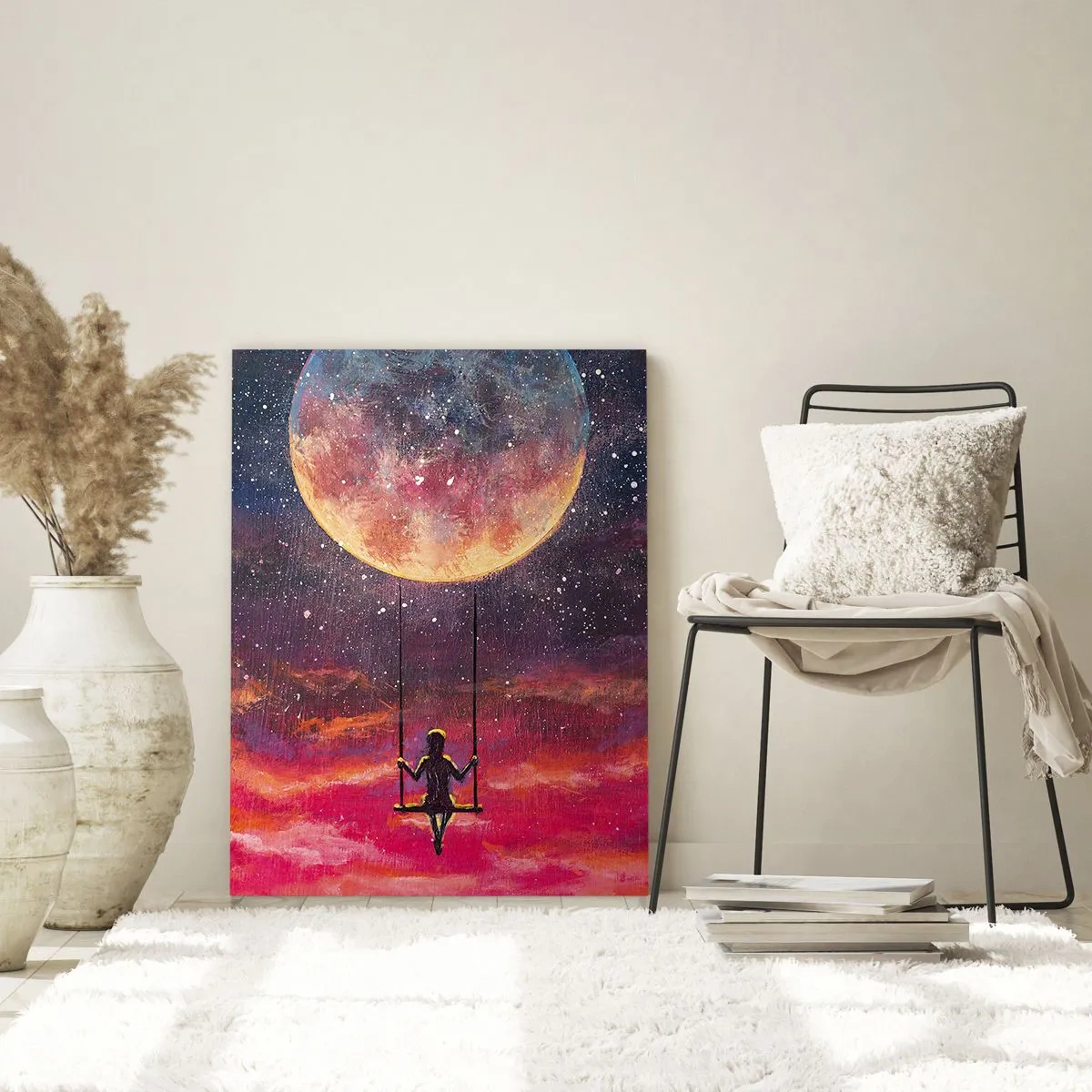 Glasbild - Bild auf glas - Eine Figur auf einer Schaukel, die vor dem Mond hängt - 70x100cm - Traum - Moderne Wanddekoration für Wohnzimmer und Schlafzimmer ARTTOR