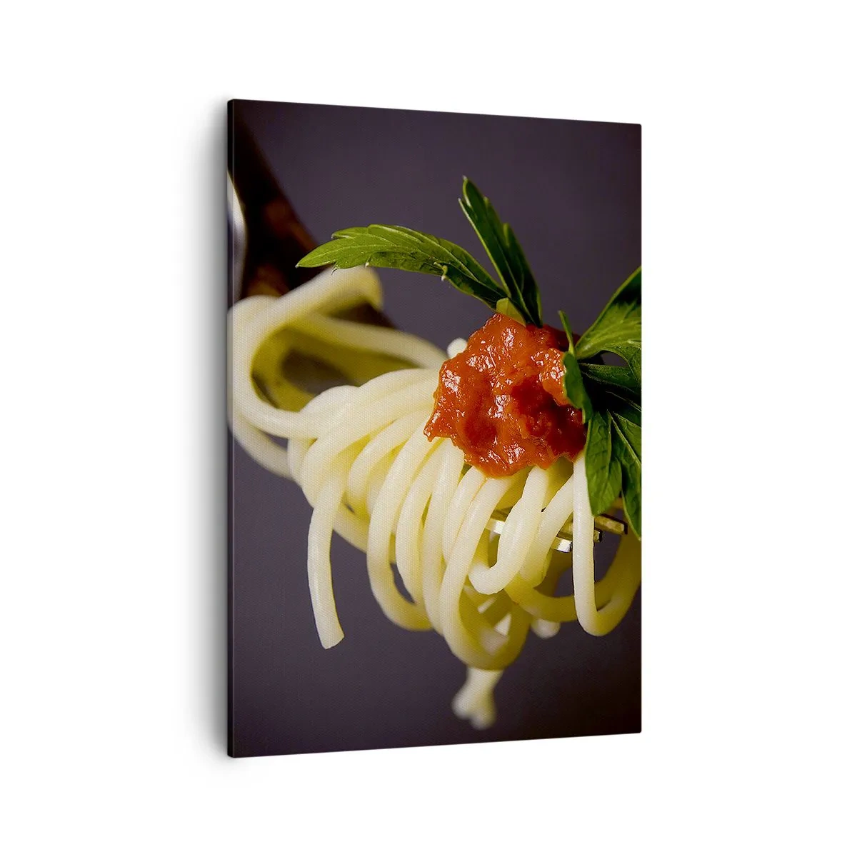 Bild auf Leinwand - Leinwandbild - Spaghetti auf einer Gabel mit Tomatensauce und Petersilie - 50x70cm - Ein leckerer Bissen - Moderne Wanddekoration für Wohnzimmer und Schlafzimmer ARTTOR