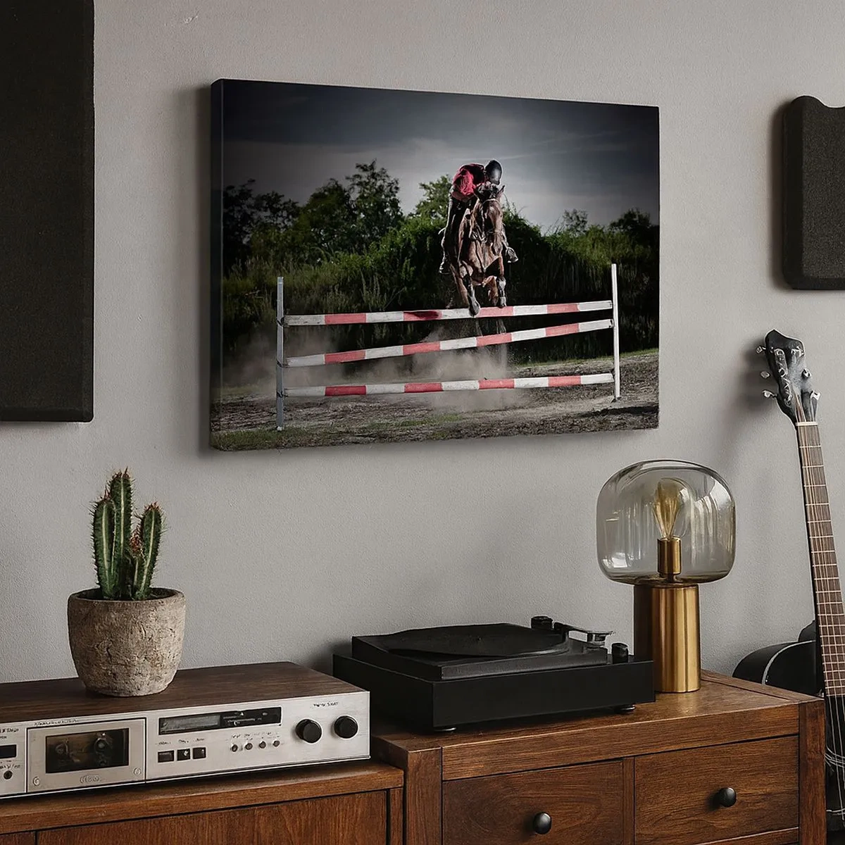 Bild auf Leinwand - Leinwandbild - Ein Reiter auf einem Pferd springt über ein Hindernis auf einer Rennbahn - 70x50cm - Gemeinsam zum Sieg - Moderne Wanddekoration für Wohnzimmer und Schlafzimmer ARTTOR