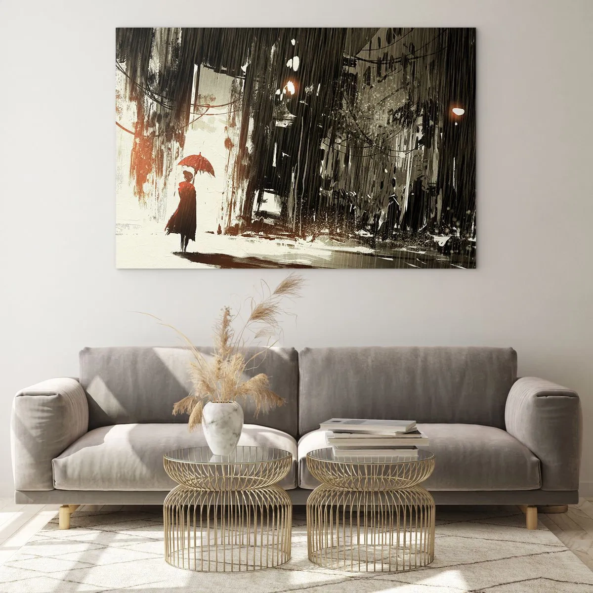 Glasbild - Bild auf glas - Eine Person mit einem roten Regenschirm im Regen vor einem dunklen Stadthintergrund. - 70x50cm - Die Poesie des roten Regenschirms - Moderne Wanddekoration für Wohnzimmer und Schlafzimmer ARTTOR