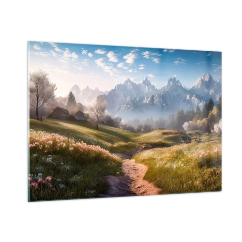 Glasbild - Bild auf glas - Frühlingslandschaft mit einem Tal, Blumen und Bergen im Hintergrund am Morgen - 100x70cm - Idyllisches Tal - Moderne Wanddekoration für Wohnzimmer und Schlafzimmer ARTTOR