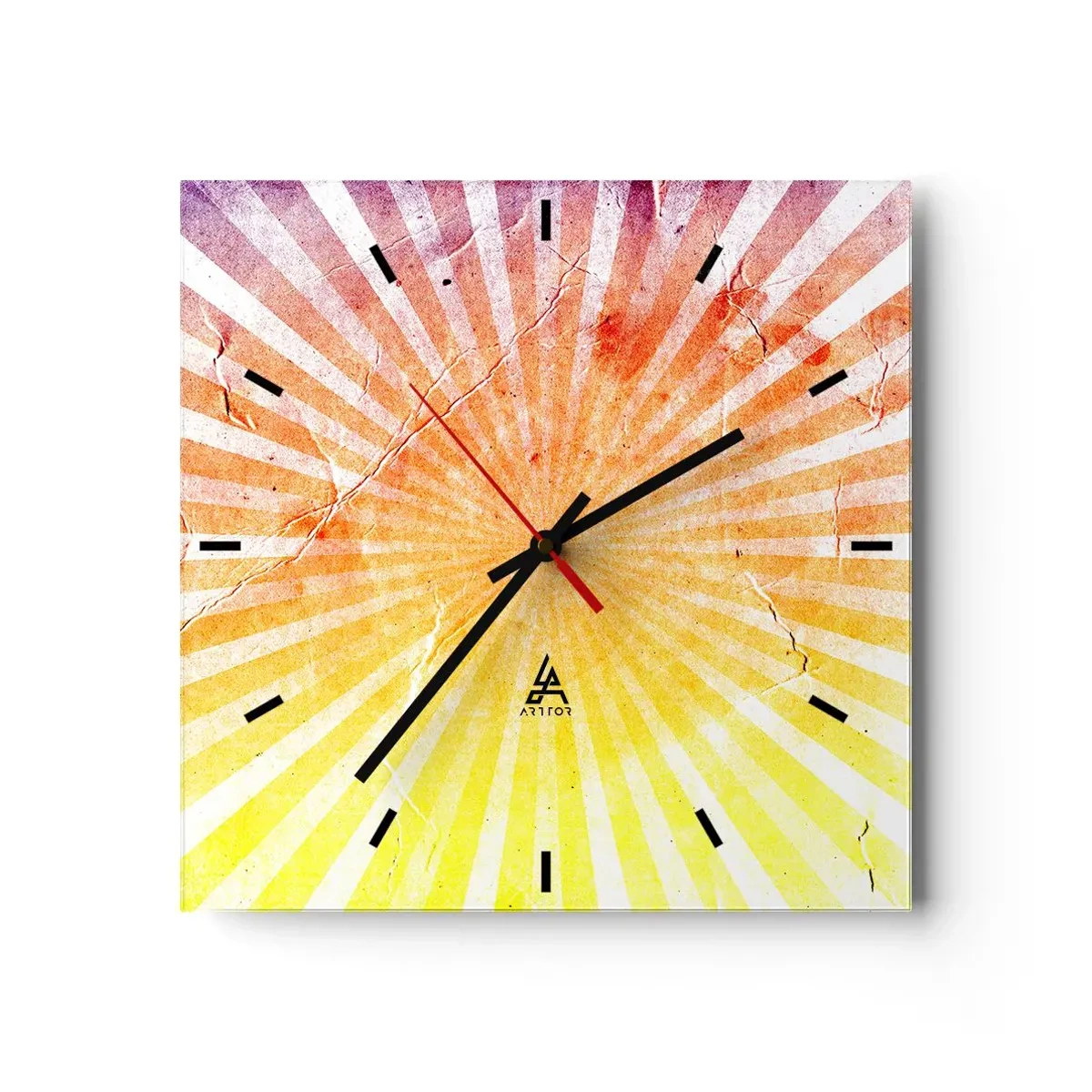 Wanduhr - Glasuhr - Sonnenstrahlen in Orange- und Gelbtönen - 30x30cm - Sonnenaufgänge und Sonnenuntergänge - Moderne Wanddekoration für Wohnzimmer und Schlafzimmer ARTTOR