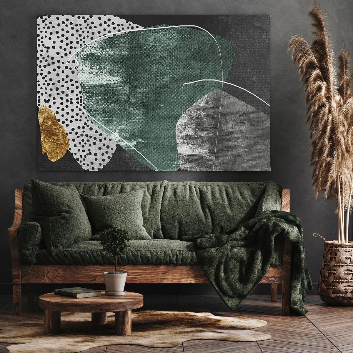 Bild auf Leinwand - Leinwandbild - Abstrakte Komposition mit grünen Formen und Punktmustern - 70x50cm - Bunte Abstraktion mit Blattgold - Moderne Wanddekoration für Wohnzimmer und Schlafzimmer ARTTOR