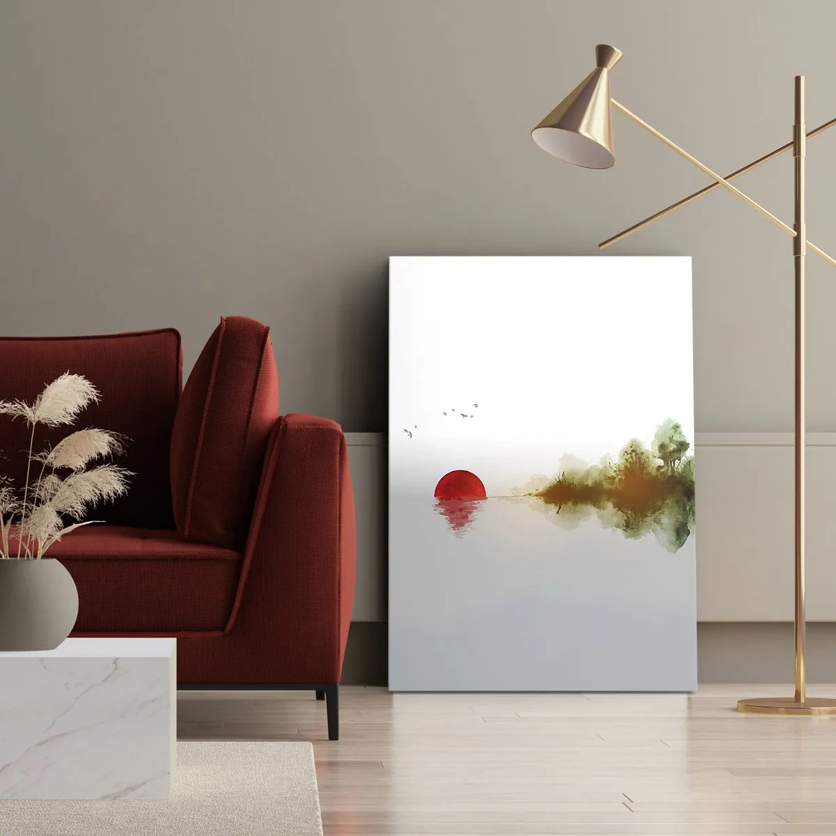 Bild auf Leinwand - Leinwandbild - Abstrakter Sonnenuntergang über einem See mit Reflexion - 50x70cm - Versprechen der Ruhe - Moderne Wanddekoration für Wohnzimmer und Schlafzimmer ARTTOR