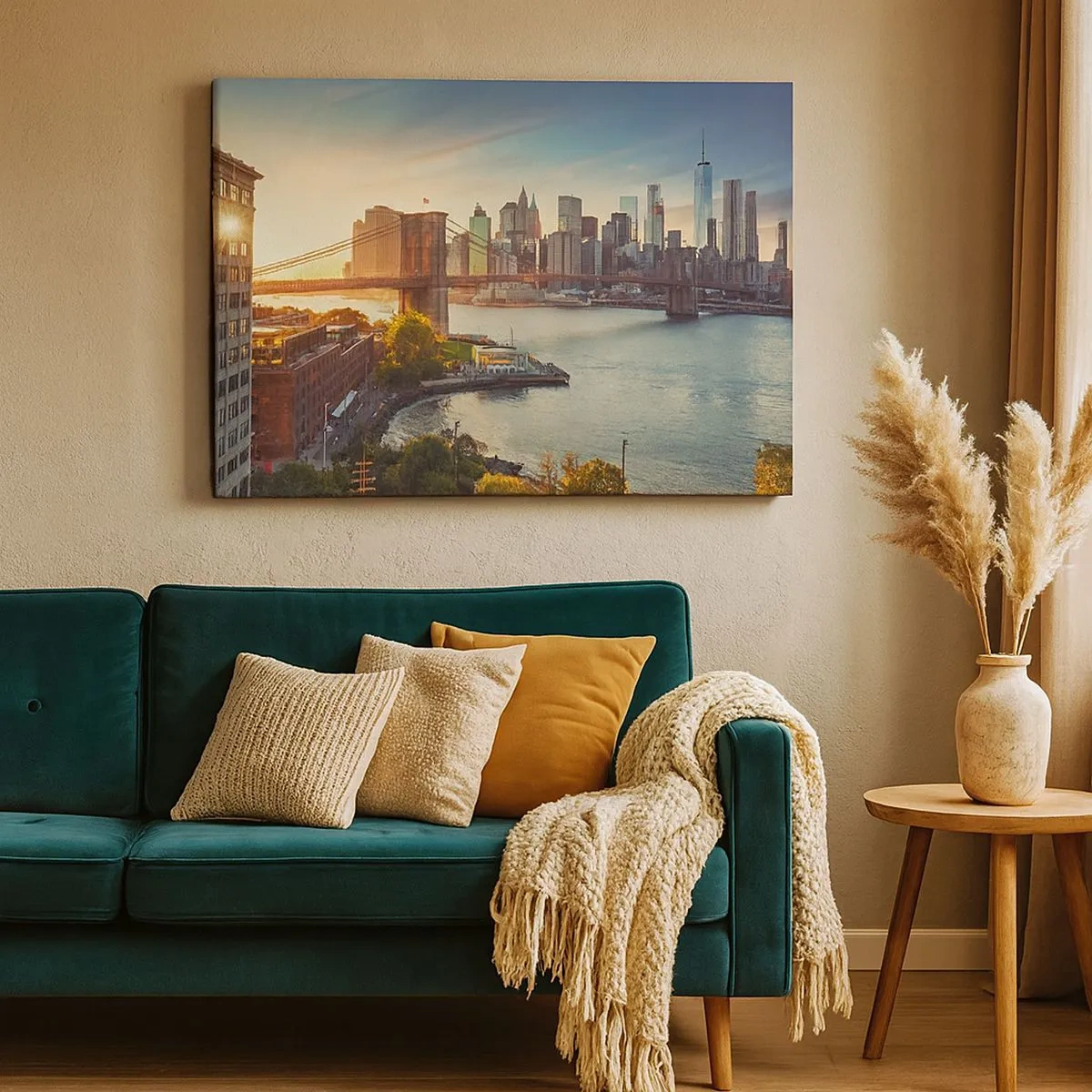 Bild auf Leinwand - Leinwandbild - Panorama der Stadt mit der Brücke bei Sonnenuntergang - 70x50cm - Morgendämmerung der Großstadt - Moderne Wanddekoration für Wohnzimmer und Schlafzimmer ARTTOR