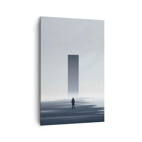 Bild auf Leinwand - Leinwandbild - Eine minimalistische Landschaft mit einer Silhouette neben einem rechteckigen Monolithen - 80x120cm - Chance oder Bedrohung? - Moderne Wanddekoration für Wohnzimmer und Schlafzimmer ARTTOR