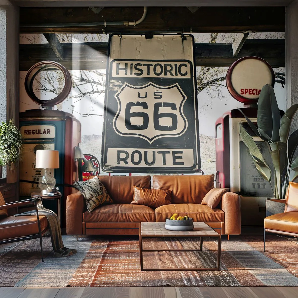Fototapete Premium Sand - Retro-Tankstelle an der legendären Route 66 - 100x70cm - Amerikanische Retro-Reise - Moderne Wanddekoration für Wohnzimmer und Schlafzimmer ARTTOR