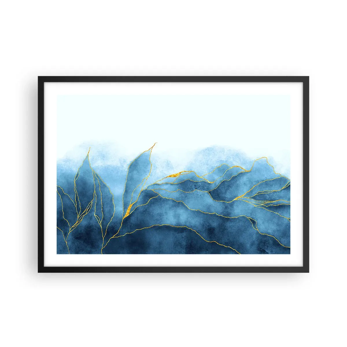 Poster in einem schwarzem Rahmen - Abstrakte Wellen in Blautönen mit goldenen Akzenten - 70x50cm - Blau im Gold - Moderne Wanddekoration für Wohnzimmer und Schlafzimmer ARTTOR