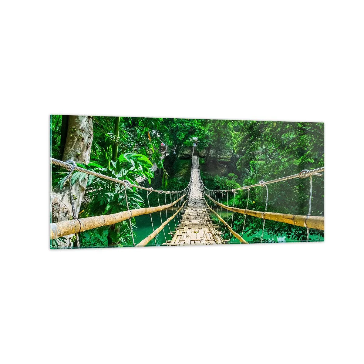 Glasbild - Bild auf glas - Eine hängende Bambusbrücke, umgeben von Grün - 120x50cm - Monkey Bridge über das Grün - Moderne Wanddekoration für Wohnzimmer und Schlafzimmer ARTTOR