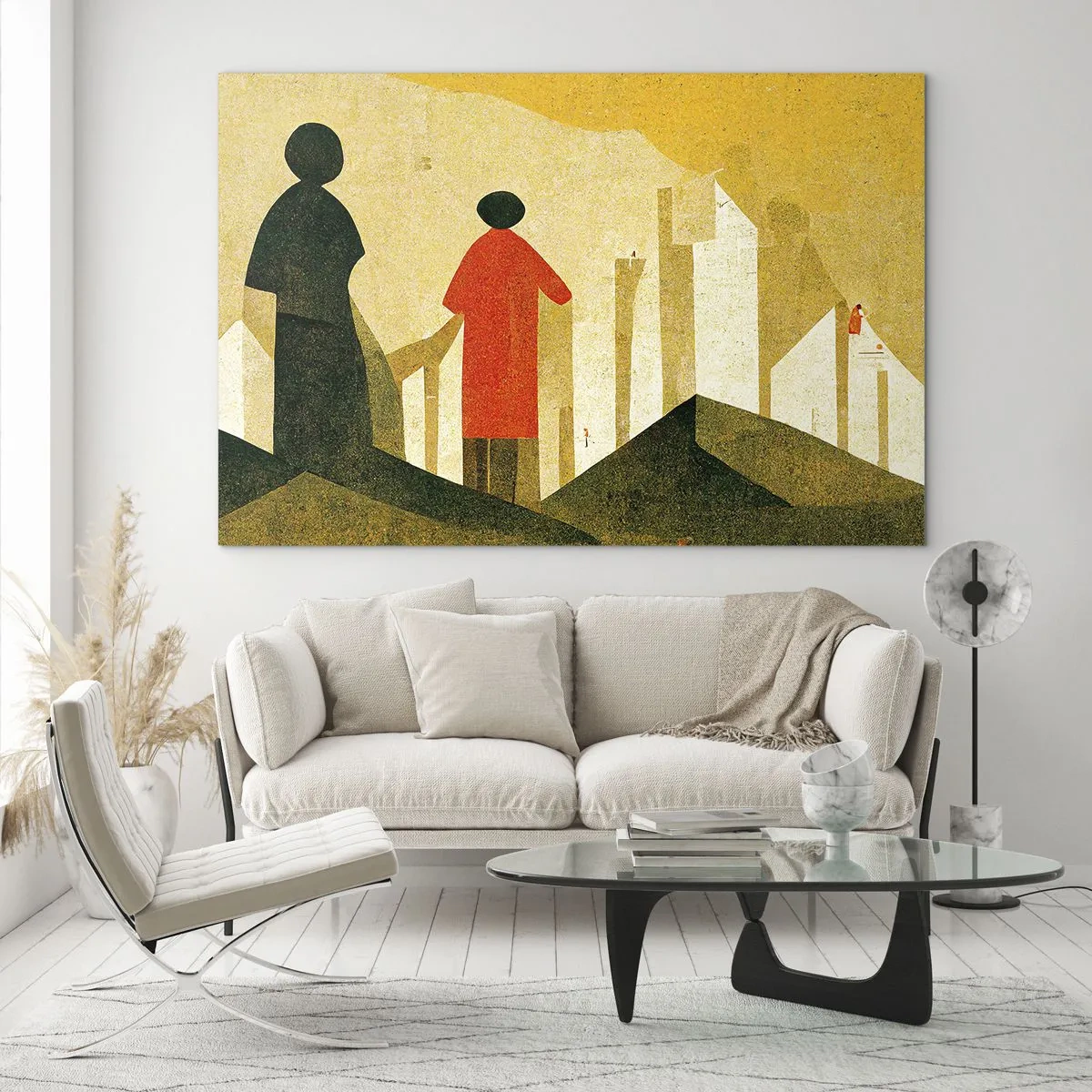 Glasbild - Bild auf glas - Geometrische Silhouetten von Figuren zwischen hohen Formen vor dem Hintergrund eines gelben Himmels - 70x50cm - Es ist noch ein langer Weg - Moderne Wanddekoration für Wohnzimmer und Schlafzimmer ARTTOR