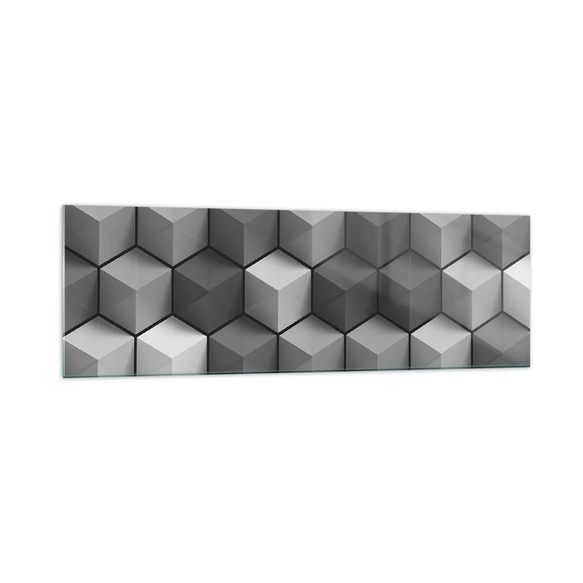 Glasbild - Bild auf glas - Geometrische Komposition aus Würfeln in Grau- und Schwarztönen - 160x50cm - Kubistisches Puzzle - Moderne Wanddekoration für Wohnzimmer und Schlafzimmer ARTTOR