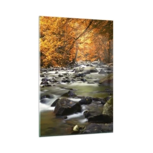 Glasbild - Bild auf glas - Ein Bach in einem herbstlichen Wald, umgeben von goldenen Blättern - 80x120cm - Ein Bach in einem goldenen Wald - Moderne Wanddekoration für Wohnzimmer und Schlafzimmer ARTTOR