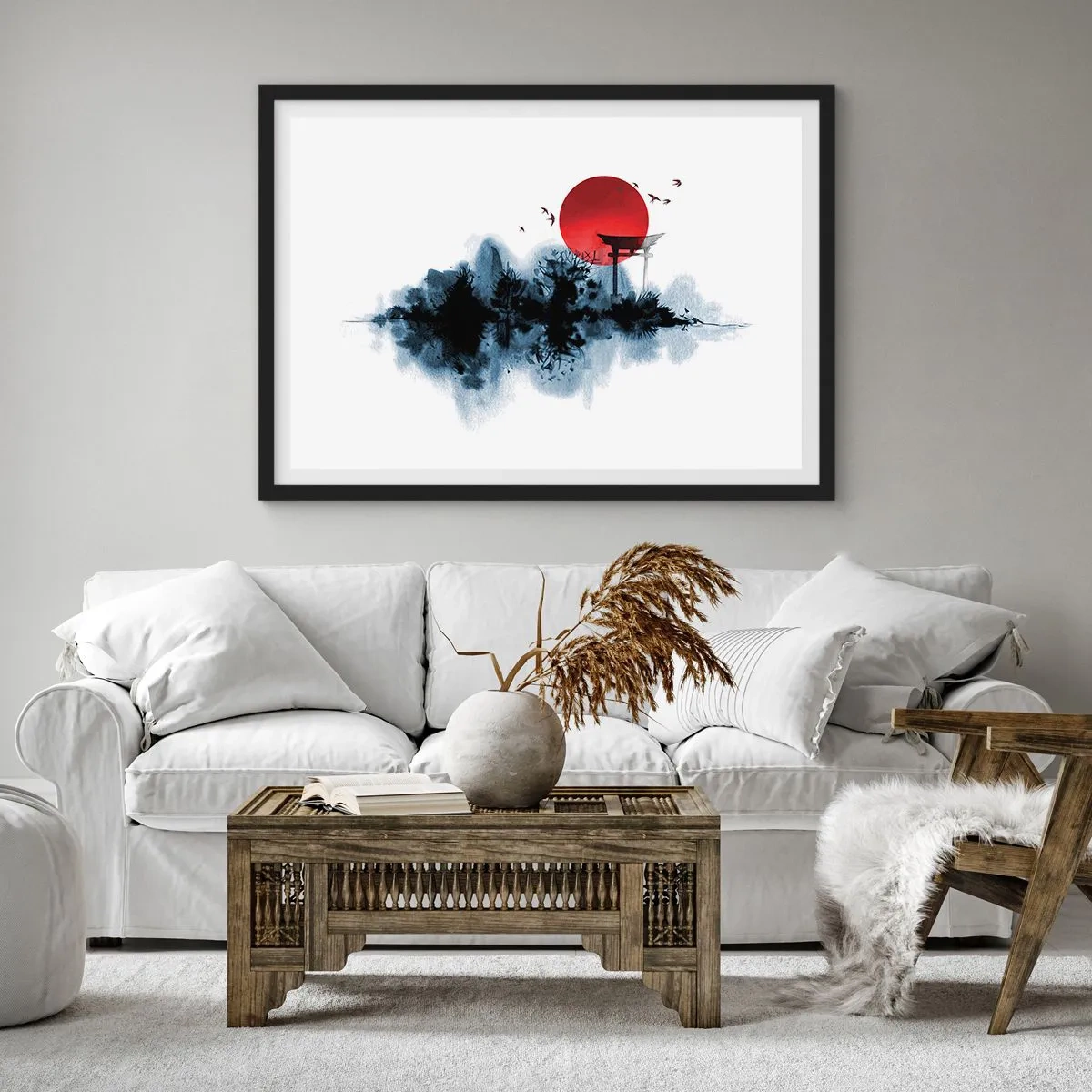 Poster in einem schwarzem Rahmen - Rote Sonne über einer malerischen Landschaft mit Torii - 70x50cm - Japanische Sicht - Moderne Wanddekoration für Wohnzimmer und Schlafzimmer ARTTOR
