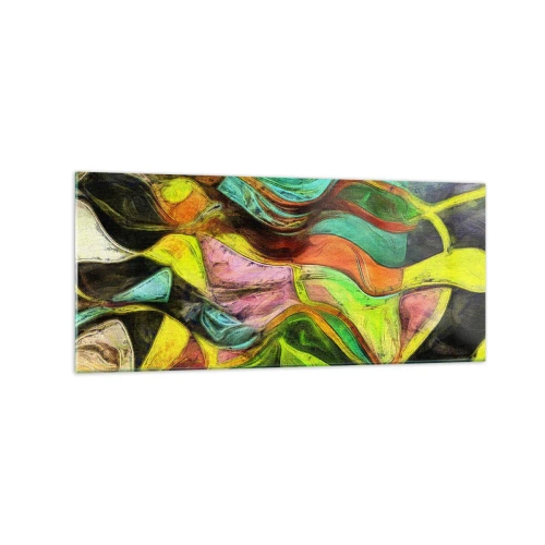 Glasbild - Bild auf glas - Eine abstrakte Komposition mit bunten Punkten und dynamischen Linien. - 120x50cm - Bewegung ist Leben - Moderne Wanddekoration für Wohnzimmer und Schlafzimmer ARTTOR