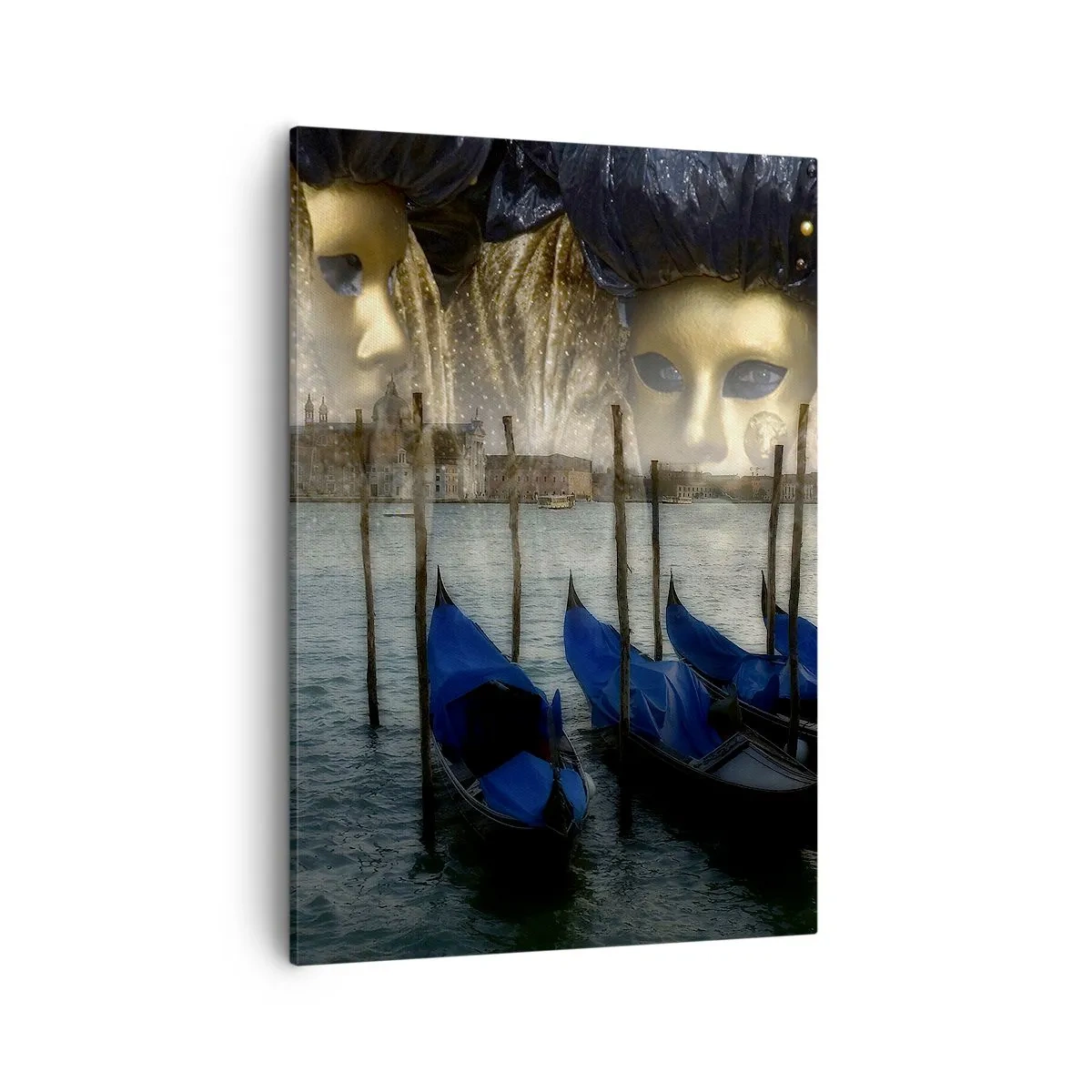 Bild auf Leinwand - Leinwandbild - Venezianische Karnevalsmasken und Gondeln vor der Kulisse der Stadt und des Wassers - 50x70cm - Es ist Zeit, den Karneval zu starten - Moderne Wanddekoration für Wohnzimmer und Schlafzimmer ARTTOR