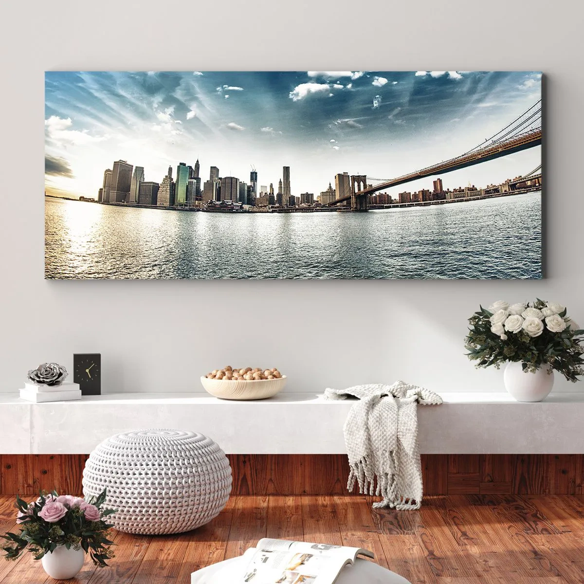 Bild auf Leinwand - Leinwandbild - Panorama der Stadt mit einer Brücke vor dem blauen Himmel - 160x50cm - Glasinsel - Moderne Wanddekoration für Wohnzimmer und Schlafzimmer ARTTOR