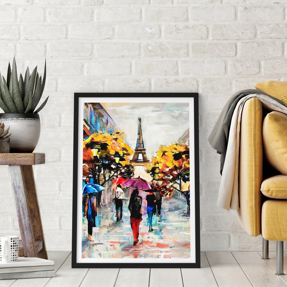 Poster in einem schwarzem Rahmen - Der Eiffelturm in einer Herbstlandschaft mit bunten Regenschirmen - 50x70cm - Besonders schön im Herbst - Moderne Wanddekoration für Wohnzimmer und Schlafzimmer ARTTOR