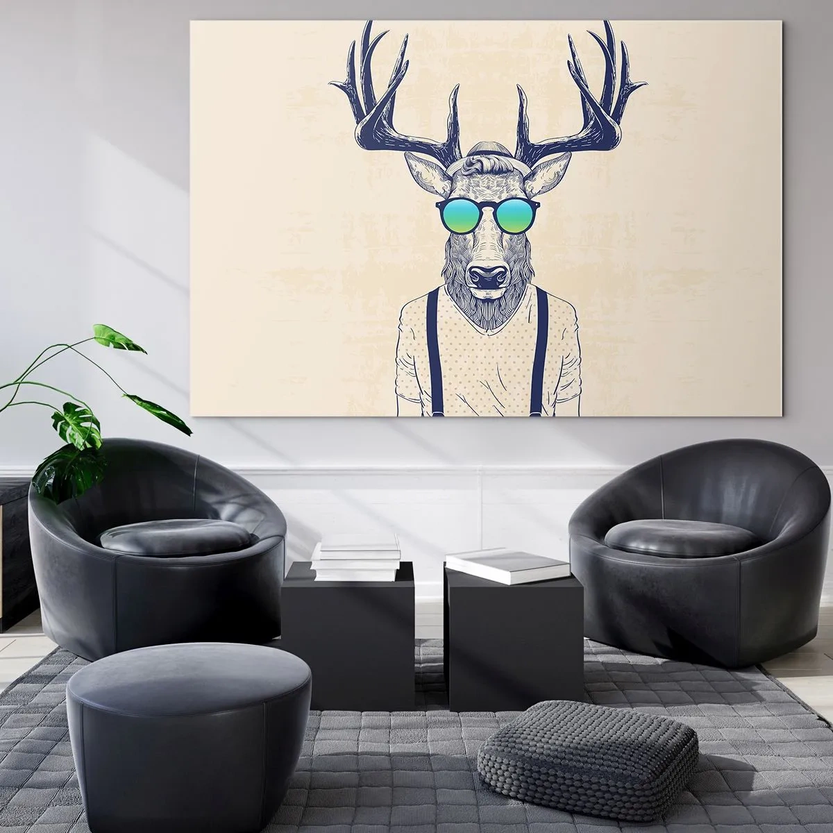 Glasbild - Bild auf glas - Ein eleganter Hirsch mit Sonnenbrille auf hellem Hintergrund - 120x80cm - Wen hast du erwartet? - Moderne Wanddekoration für Wohnzimmer und Schlafzimmer ARTTOR