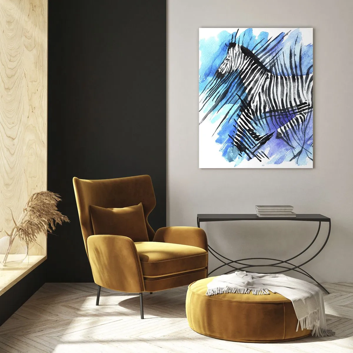 Glasbild - Bild auf glas - Ein Zebra in einer künstlerischen Aquarellkomposition vor blauem Hintergrund - 50x70cm - In Streifen versteckt - Moderne Wanddekoration für Wohnzimmer und Schlafzimmer ARTTOR