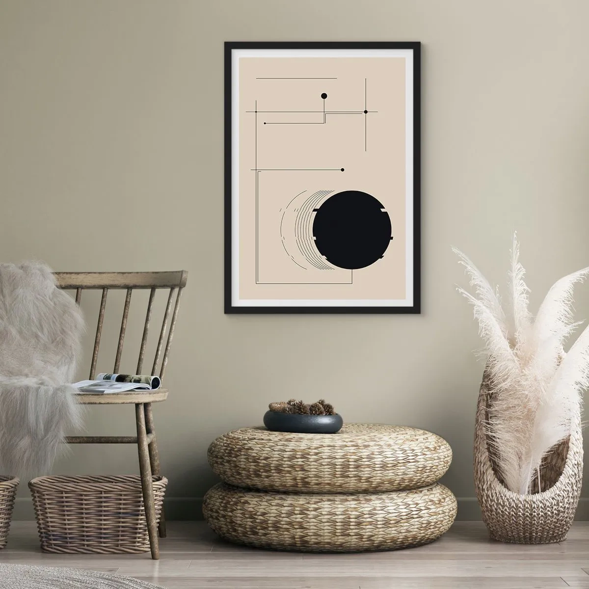 Poster in einem schwarzem Rahmen - Eine minimalistische geometrische Komposition auf beigem Hintergrund - 50x70cm - Flexible und dynamische Komposition - Moderne Wanddekoration für Wohnzimmer und Schlafzimmer ARTTOR