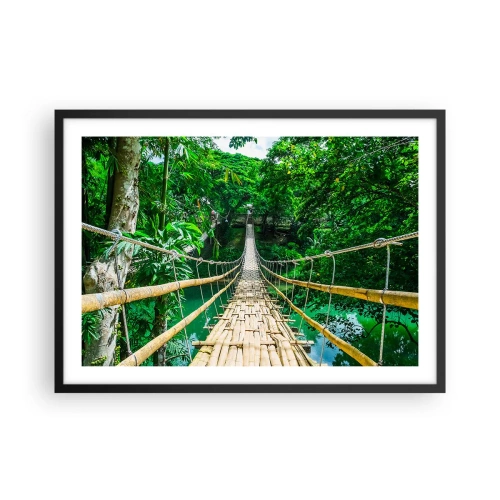 Poster in einem schwarzem Rahmen - Eine hängende Bambusbrücke, umgeben von Grün - 70x50cm - Monkey Bridge über das Grün - Moderne Wanddekoration für Wohnzimmer und Schlafzimmer ARTTOR