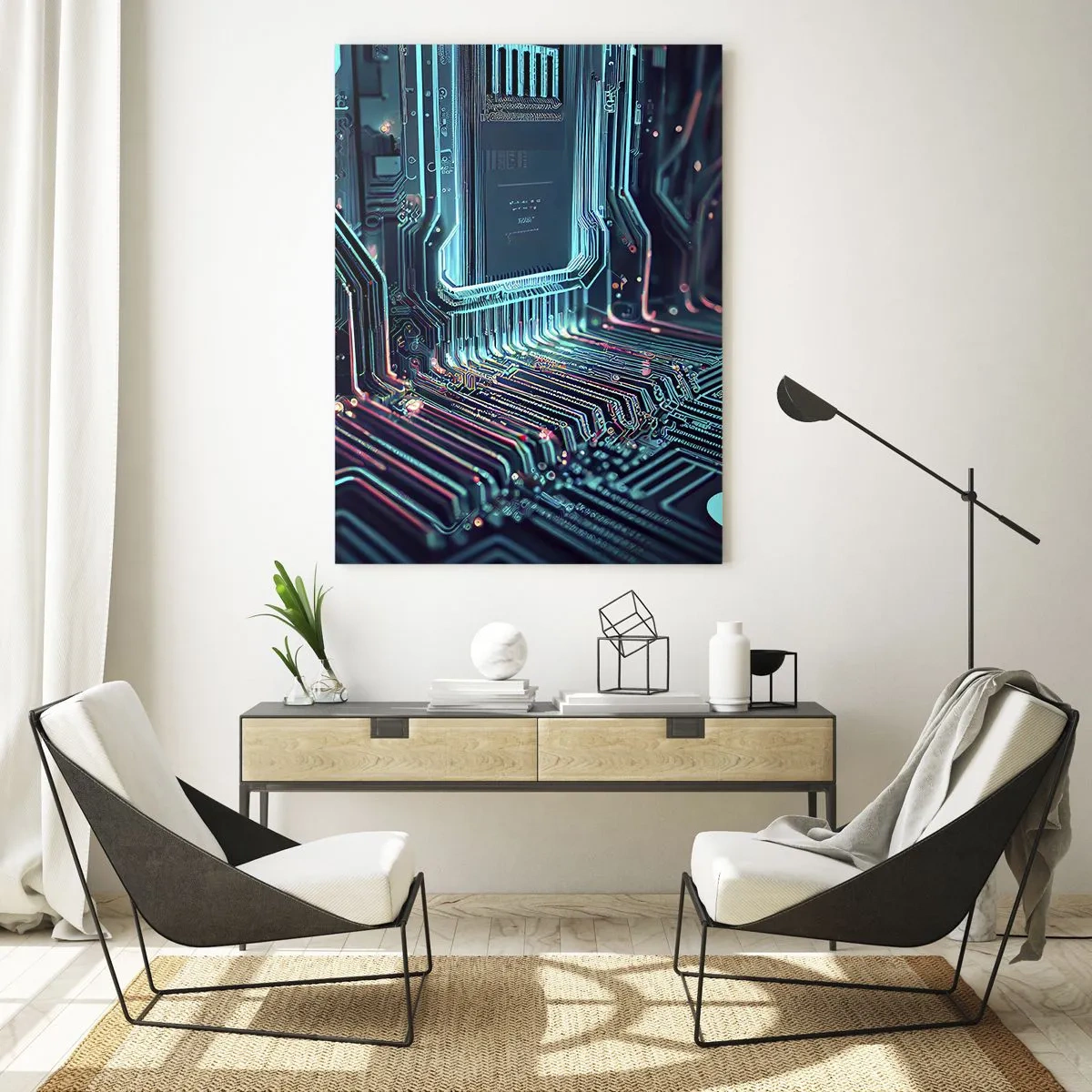 Glasbild - Bild auf glas - Technologische Leiterplatte mit beleuchteten Spuren - 70x100cm - Ich denke nur… - Moderne Wanddekoration für Wohnzimmer und Schlafzimmer ARTTOR