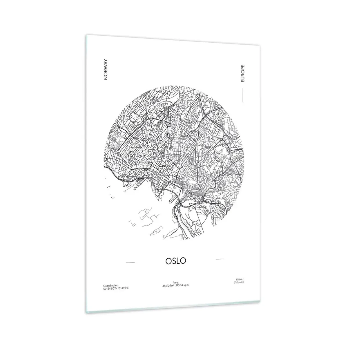 Glasbild - Bild auf glas - Oslo-Stadtplan im Schwarz-Weiß-Grafikstil - 50x70cm - Anatomie von Oslo - Moderne Wanddekoration für Wohnzimmer und Schlafzimmer ARTTOR