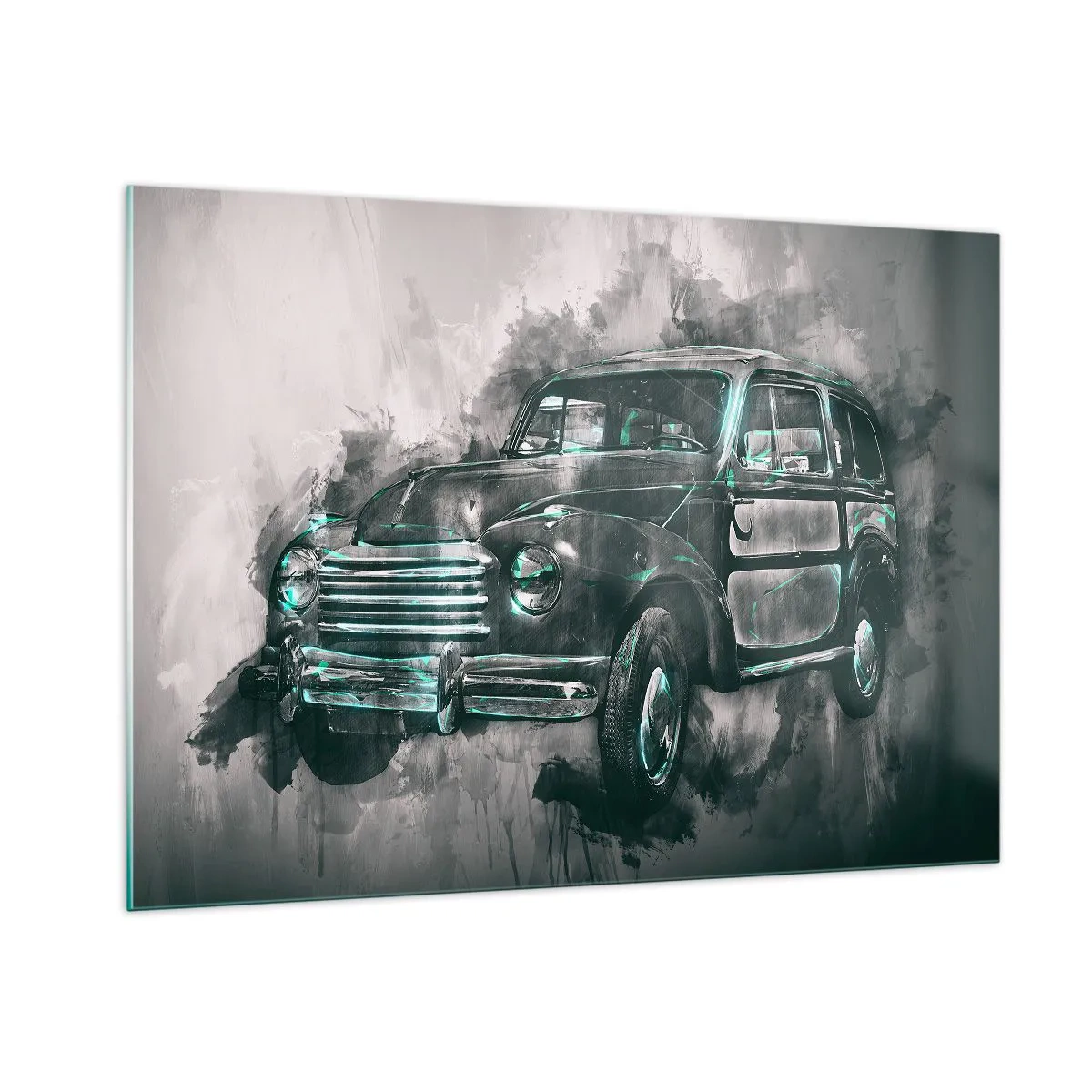Glasbild - Bild auf glas - Ein altes Auto in Grau- und Türkistönen - 100x70cm - Geehrter Vorfahr - Moderne Wanddekoration für Wohnzimmer und Schlafzimmer ARTTOR