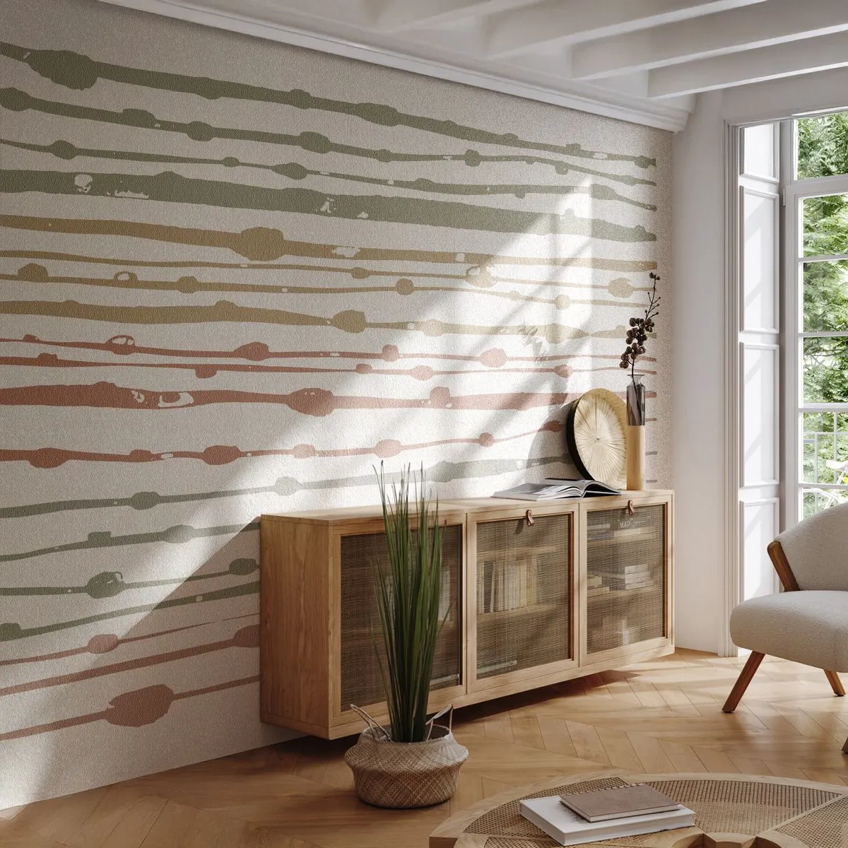 Fototapete Premium Canvas - Ein Linienmuster in warmen Farbtönen auf hellem Hintergrund - 100x70cm - Musikalische Notation von Farben - Moderne Wanddekoration für Wohnzimmer und Schlafzimmer ARTTOR