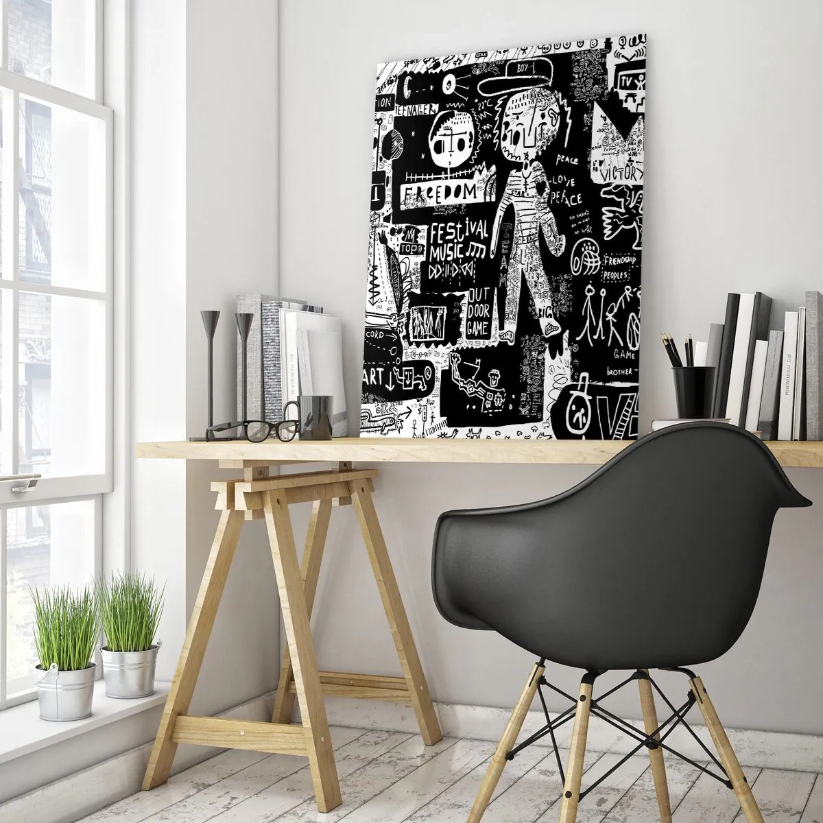 Glasbild - Bild auf glas - Von der Straßenkunst inspirierte Schwarz-Weiß-Collage - 80x120cm - Spirituelle Jugend des Gesetzes und der Freude - Moderne Wanddekoration für Wohnzimmer und Schlafzimmer ARTTOR