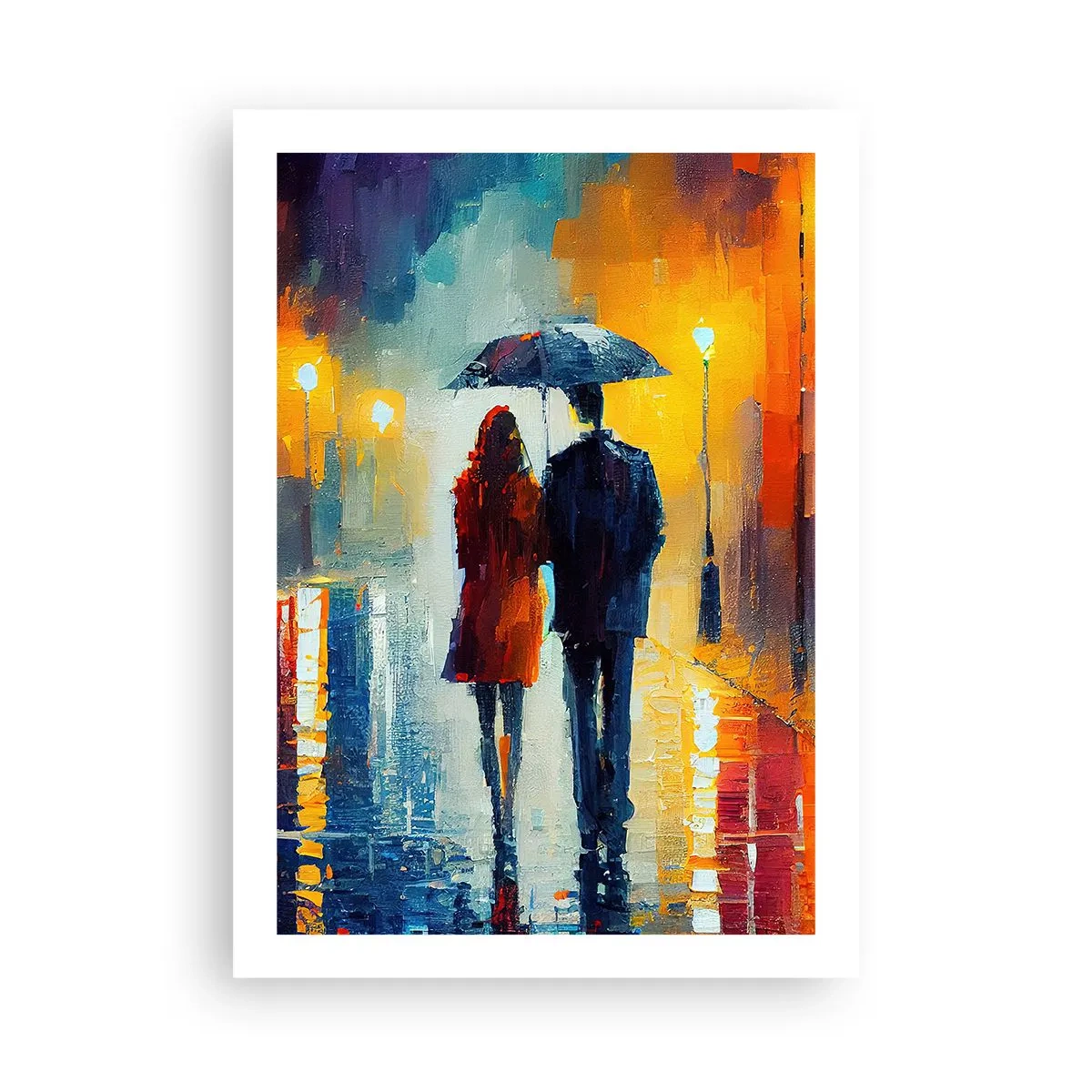 Poster - Ein Paar mit einem Regenschirm geht im Regen eine Stadtstraße entlang. - 50x70cm - Gemeinsam – eine bunte Nacht - Moderne Wanddekoration für Wohnzimmer und Schlafzimmer ARTTOR